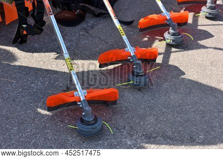 Kaunas, Lithuania - March 31, 2022: Close Up To Daewoo String Trimmer Tools At International Agricul