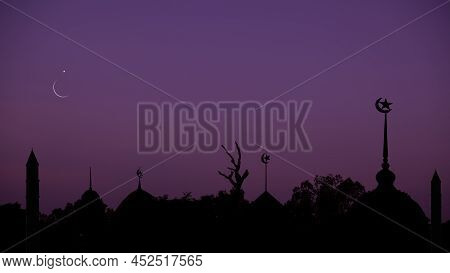 Ramadan, Eid Ai-fitr,new Year Muharram Islamic Religion Symbols With Mosques Dome,moon Silhouette On