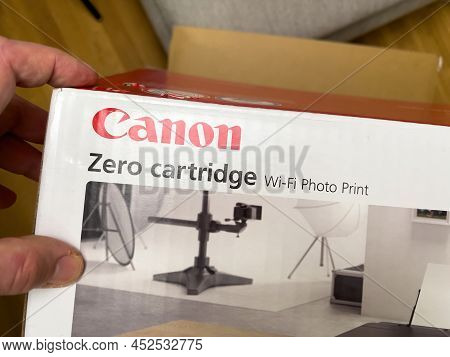 London, United Kingdom - Ap 3, 2022: Cardboard Box Of A New Canon Pixma G550 Single Function Printer