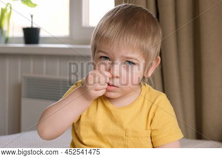 Child Boy With Blonde Hair Baby With Finger In His Nose. Portrait 3 Years Old Kid Picking His Nose. 