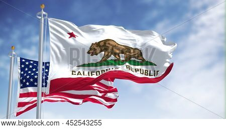 The California State Flag Flying Along With The National Flag Of The United States Of America. In Th