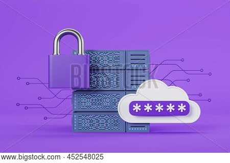 Server And Protection Of Information In Cyberspace, Cloud With Password And Lock. Data Center Proces