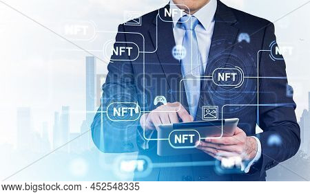 Non-fungible Token Hologram On Virtual Digital Screen, Nft With Network. New York In Background. Bus