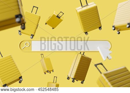 Search Bar And Traveling Accessories Floating On Yellow Background. Concept Of Business Trop And Rel