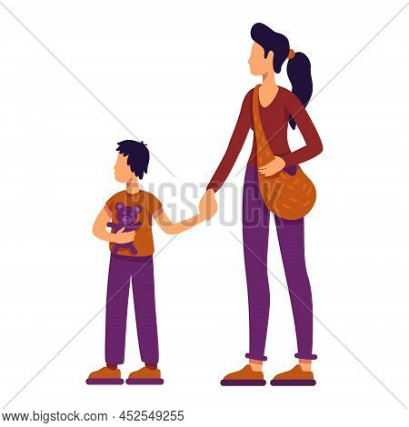 Asylum Seeking Mother And Little Son Semi Flat Color Vector Characters. Standing Figures. Full Body 
