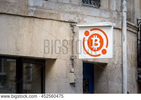 Bordeaux, France - February 19, 2022: Bitcoin Logo In Front Of A Bitcoin Shop In Bordeaux, France, W