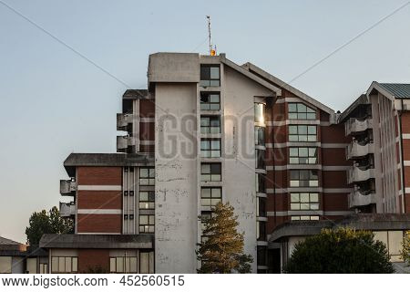 Facade Of An Abandoned Communist Hotel Of The Socialist Yugoslavia Era In Obrenovac, Serbia, Derelic