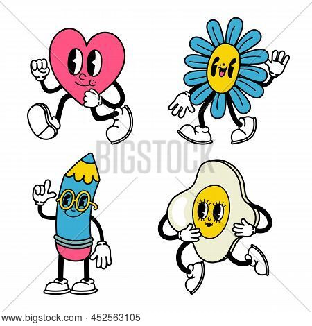 Trendy Abstract Cartoon. Comic Heart, Flower, Pencil And Egg With Cheerful Facial Expression, Arms A