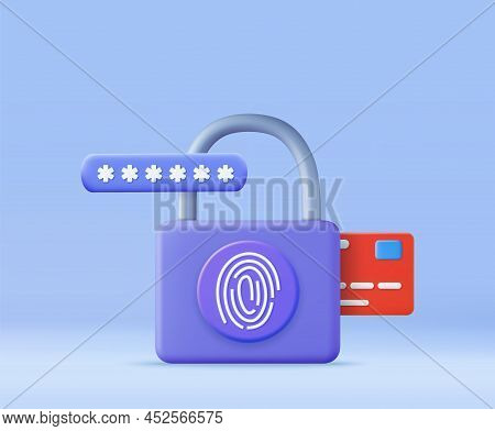 3d Biometric Fingerprint Password With Padlock Icon. Touch Id. Credit Card, Secure Transaction In In