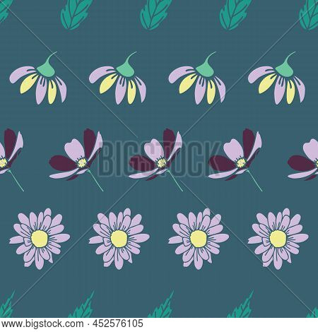 Vector Green Purple Yellow Flower Horizontal Seamless Pattern. Trend Print For Textiles And Wallpape