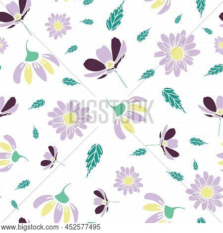 Vector Green Purple Yellow Birds And Flower Seamless Pattern. Trend Print For Textiles And Wallpaper