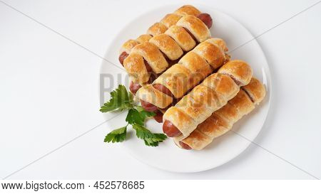 Sausage Buns. Soft Baked Bun (dough )stuffed With Sausage For Fast Food Breakfast Or Coffee Break. S