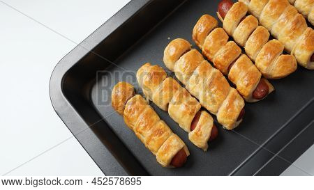 Sausage Buns. Soft Baked Bun (dough )stuffed With Sausage For Fast Food Breakfast Or Coffee Break. S