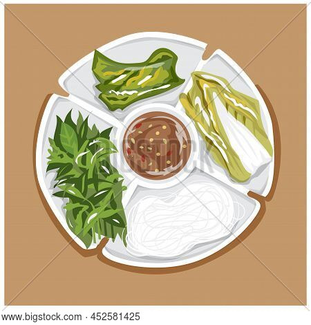 Thai Food Illustration (khanom Jeen And Vegetables) Placed In A Tray On Brown Background.
