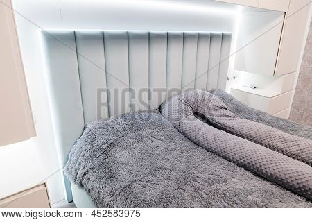 Velour Bed In Blue Color. Bedspread. Photo Of Great Expansion And Quality