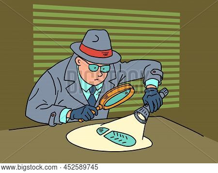 A Detective With A Flashlight Investigates The Trail, A Man In A Coat, Hat And Glasses