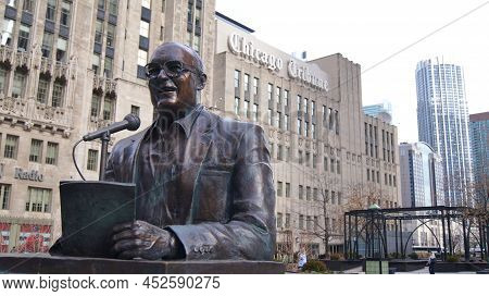 Chicago, Illinois, United States - Dec 11, 2015: Outdoor Sculpture Of Jack Brickhouse Is Seen Along 