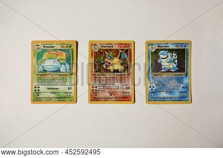Prague, Czech Republic - April 3 2022: Venusaur, Charizard And Blastoise Pokemon Cards Front. The Po
