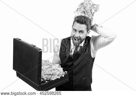 Funny Businessman With Money Case. Investor Hold Case With Dollars Cash.