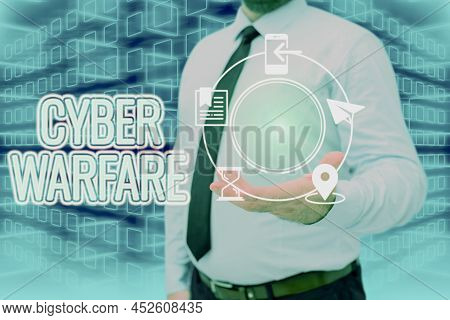 Conceptual Display Cyber Warfare. Concept Meaning Virtual War Hackers System Attacks Digital Thief S
