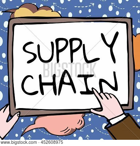 Conceptual Caption Supply Chain. Business Idea System Of Organization And Processes From Supplier To