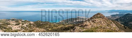 Panoramic View Of The Coastline Of Corsica And The Village Of Corbara, Bodri Beach The Red Rock Of I