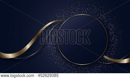 Abstract Modern Luxury Dark Blue Circle Shape And Golden Ring With Gold Glitter Ribbon Lines On Dark