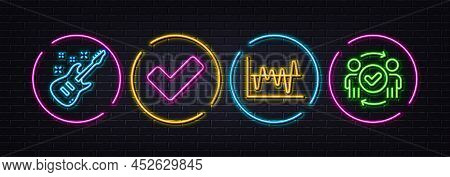 Electric Guitar, Stock Analysis And Tick Minimal Line Icons. Neon Laser 3d Lights. Approved Teamwork