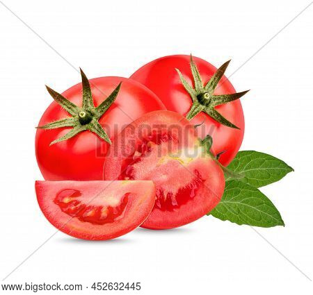 Fresh Tomatoes With Leaves Isolsted On White Background