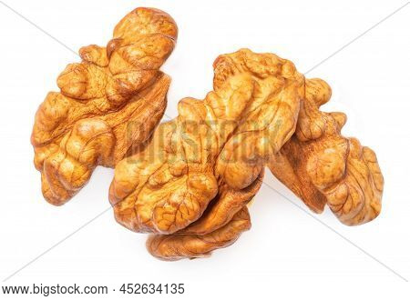Walnut Isolated. Pile Of Walnut Kernel Nut  On White Background. Top View. Flat Lay