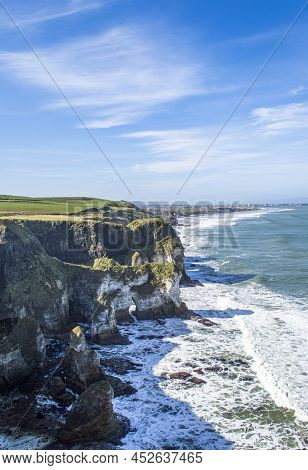 Famous White Rocks At Northern Ireland Coastline In A Sunny Day.