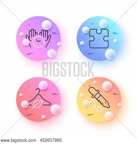 Chemistry Pipette, Puzzle And Safe Time Minimal Line Icons. 3d Spheres Or Balls Buttons. Slow Fashio