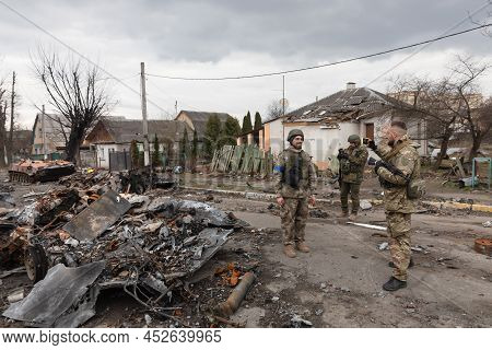 Bucha, Ukraine - Apr. 06, 2022: War In Ukraine. Destroyed Military Equipment Of Russian Invaders On 