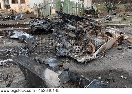 Bucha, Ukraine - Apr. 06, 2022: War In Ukraine. Destroyed Military Equipment Of Russian Invaders On 