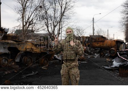War In Ukraine. Destroyed Russian Military Equipment In Bucha, Ukraine