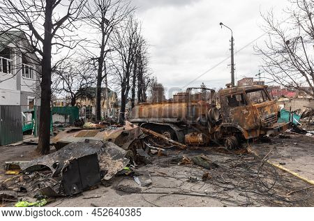 Bucha, Ukraine - Apr. 06, 2022: War In Ukraine. Destroyed Military Equipment Of Russian Invaders On 