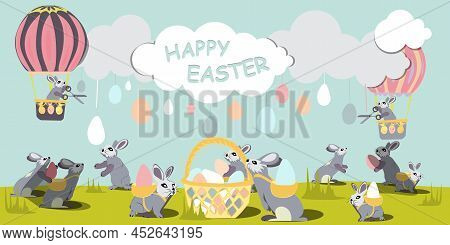 The Easter Bunny Flies On Air Balloon Through The Sky Among The Clouds And Cuts Off Easter Eggs With