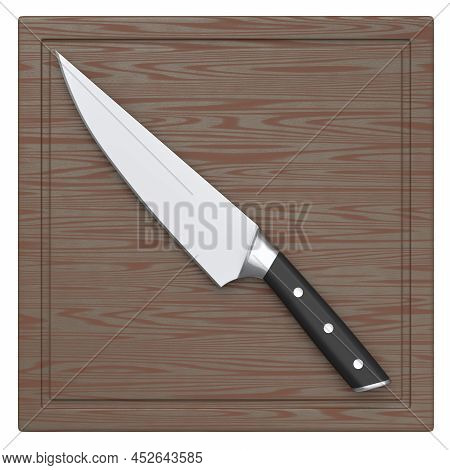 Chef's Kitchen Knife On A Wooden Board Isolated On White Background.