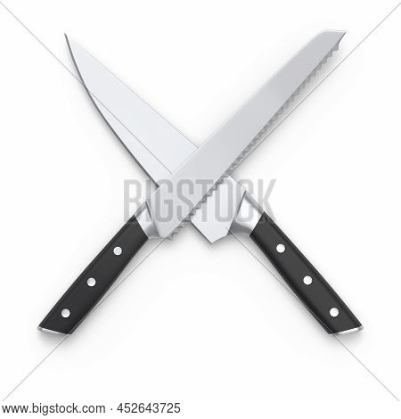 Set Of Chef's Kitchen Knives With A Wooden Handle Isolated On White Background.