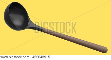 Silicon Soup Ladle Or Kitchen Utensils On Yellow Background.