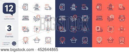 Set Of Delivery Notification, Get Box And Metro Line Icons. Include Air Balloon, Parking, Bus Icons.
