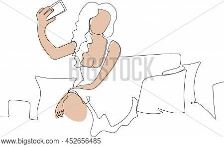 Continuous One Line Drawing Of Attractive Girl Taking A Selfie In Self-admiration. Beautiful Blonde 