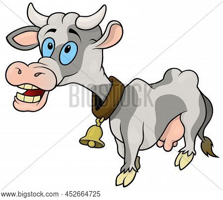 Funny Spotty Cow With A Bell On His Neck - Colored Cartoon Illustration Isolated On White Background