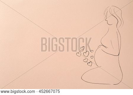 Pregnant Woman Figure Drawn On Pale Pink Background, Top View With Space For Text. Surrogacy Concept