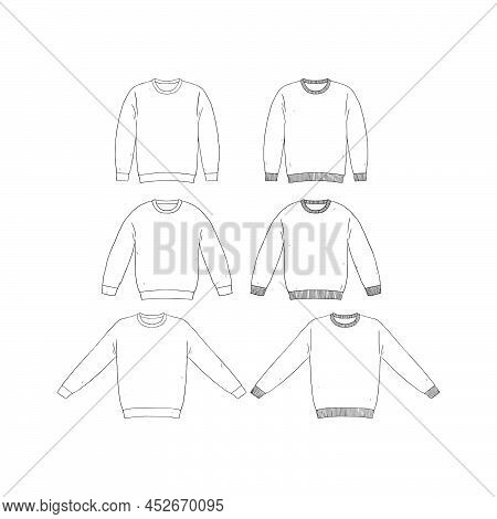 Hand Drawn Vector Illustration Of Blank T-shirt Long Sleeve Set On White Background.white Tee Shirt 