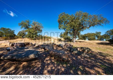Dolmen Of Lacara, Funeral Chamber. Ancient Megalithic Building Near La Nava De Santiago, Extremadura
