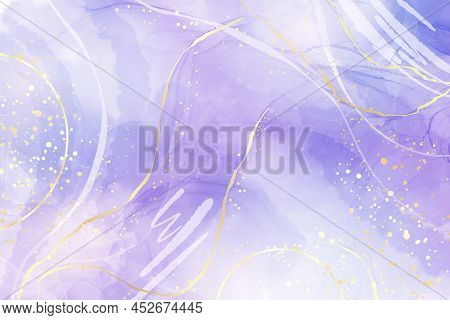 Purple Gey Liquid Watercolor Background With Golden Dots. Dusty Violet Marble Alcohol Ink Drawing Ef