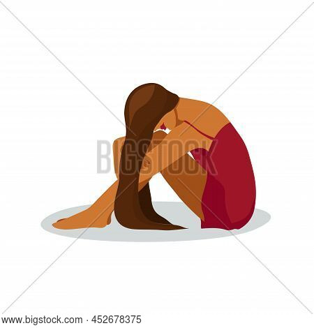 Dark-skinned Woman In Depression Sitting And Hugging Her Khees