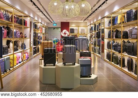 SINGAPORE - CIRCA JANUARY, 2020: bags on display at Samsonite store in Singapore Changi Airport.