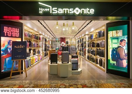 SINGAPORE - CIRCA JANUARY, 2020: bags on display at Samsonite store in Singapore Changi Airport.